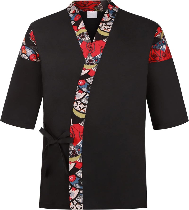 Flammegrill Store Unisex 3/4 Sleeve Black Sushi Chef Coat Kimono Cardigan Japanese Chef Uniform Red Patchwork Printed Chef Jacket - Image 1